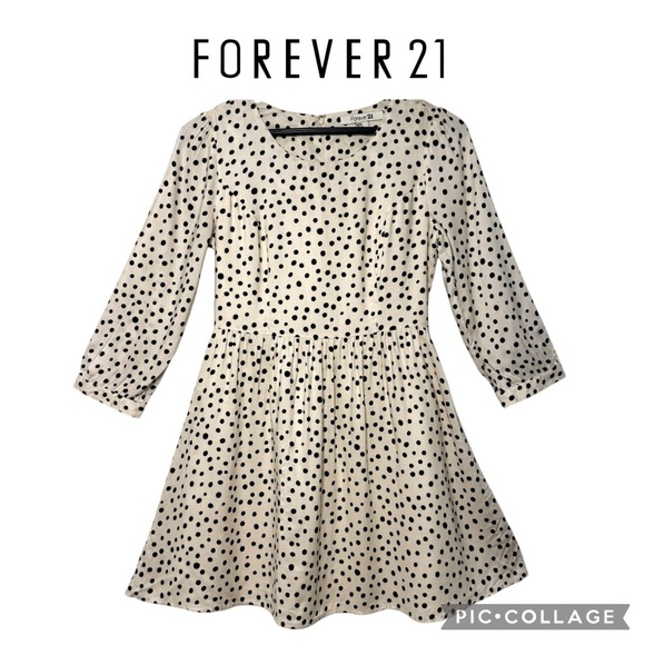 Forever 21 off white black polka dots 3/4 sleeve mini dress size medium - Picture 1 of 11